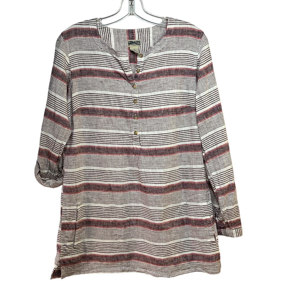 Duluth Trading Tunic Top Shirt Womens Small Hemp Cotton Blend Cream/Red Stripes